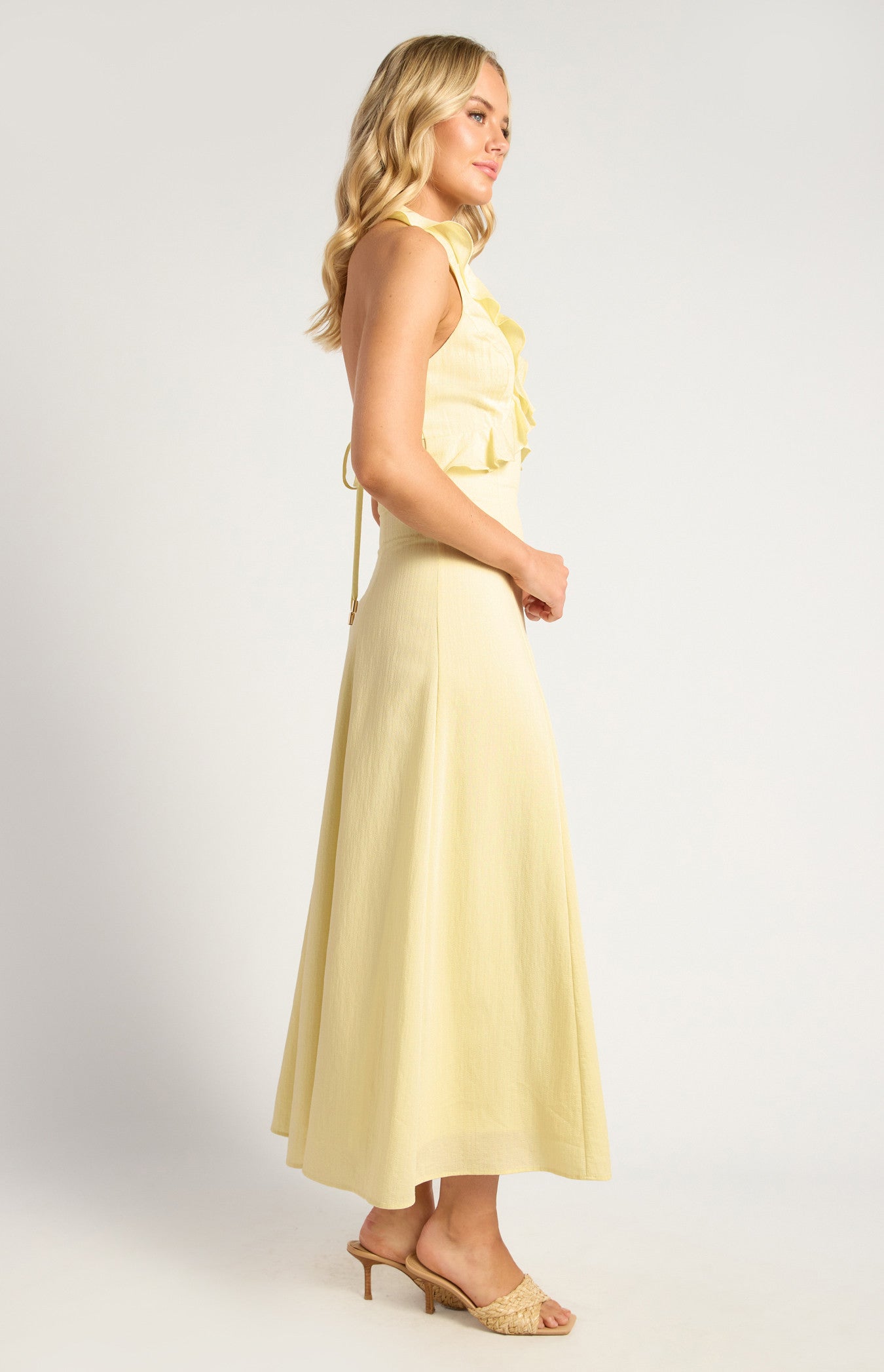 Frill Neckline Gold Toggle Tie Midi Dress - Yellow