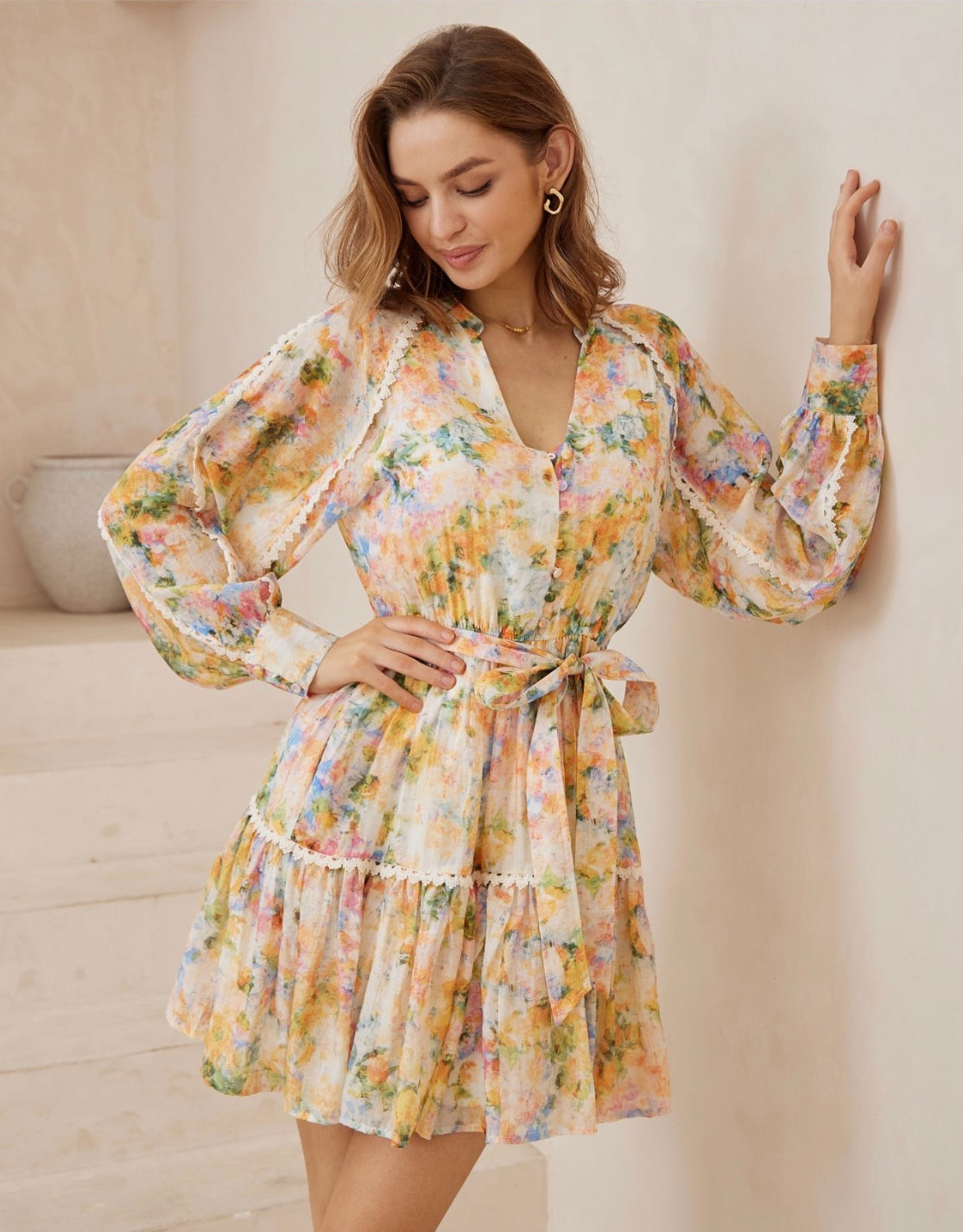 Portia Long Sleeve Mini Dress - Orange Floral