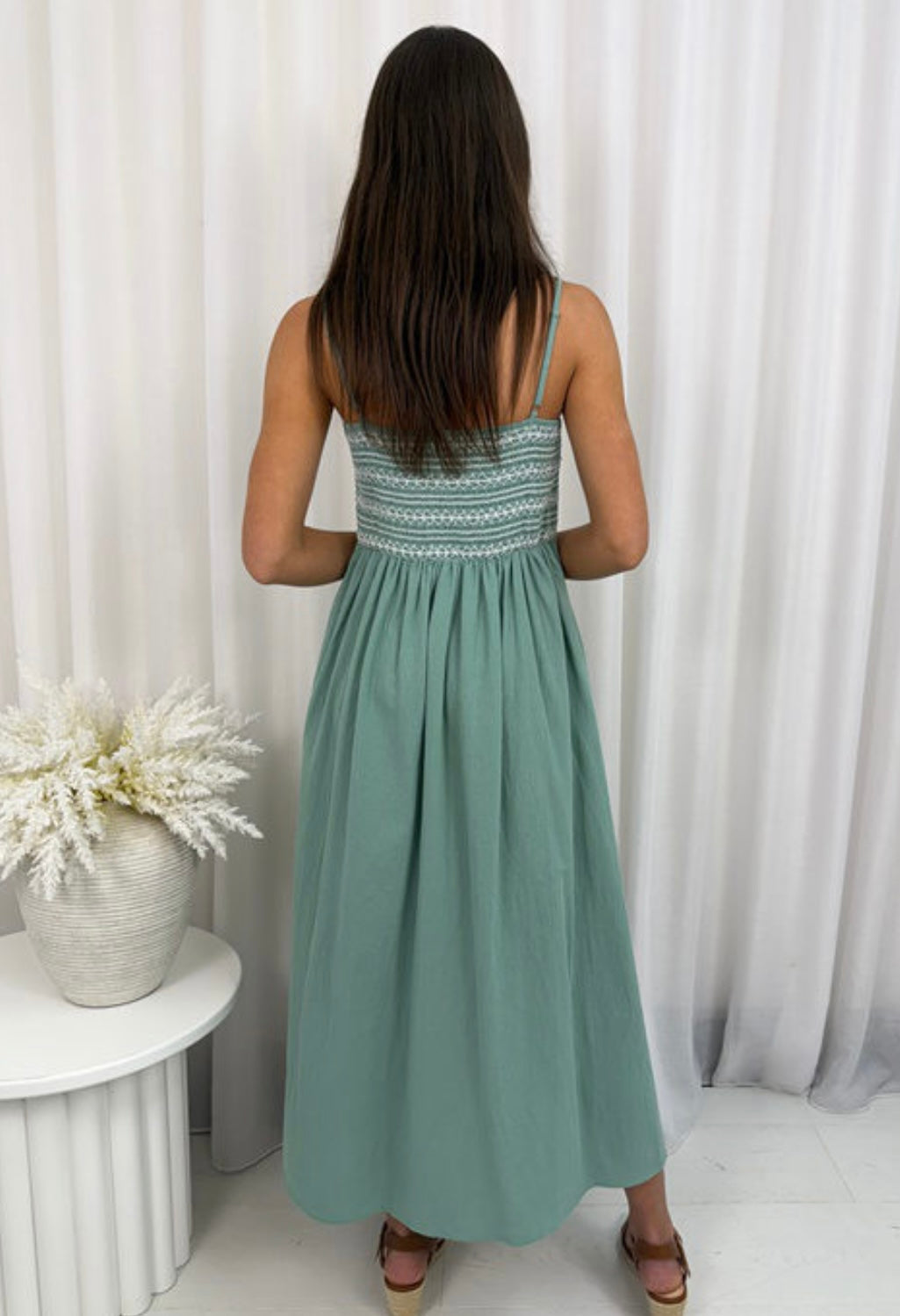 Penny Sleeveless Shirred Bust Midi Dress - Green
