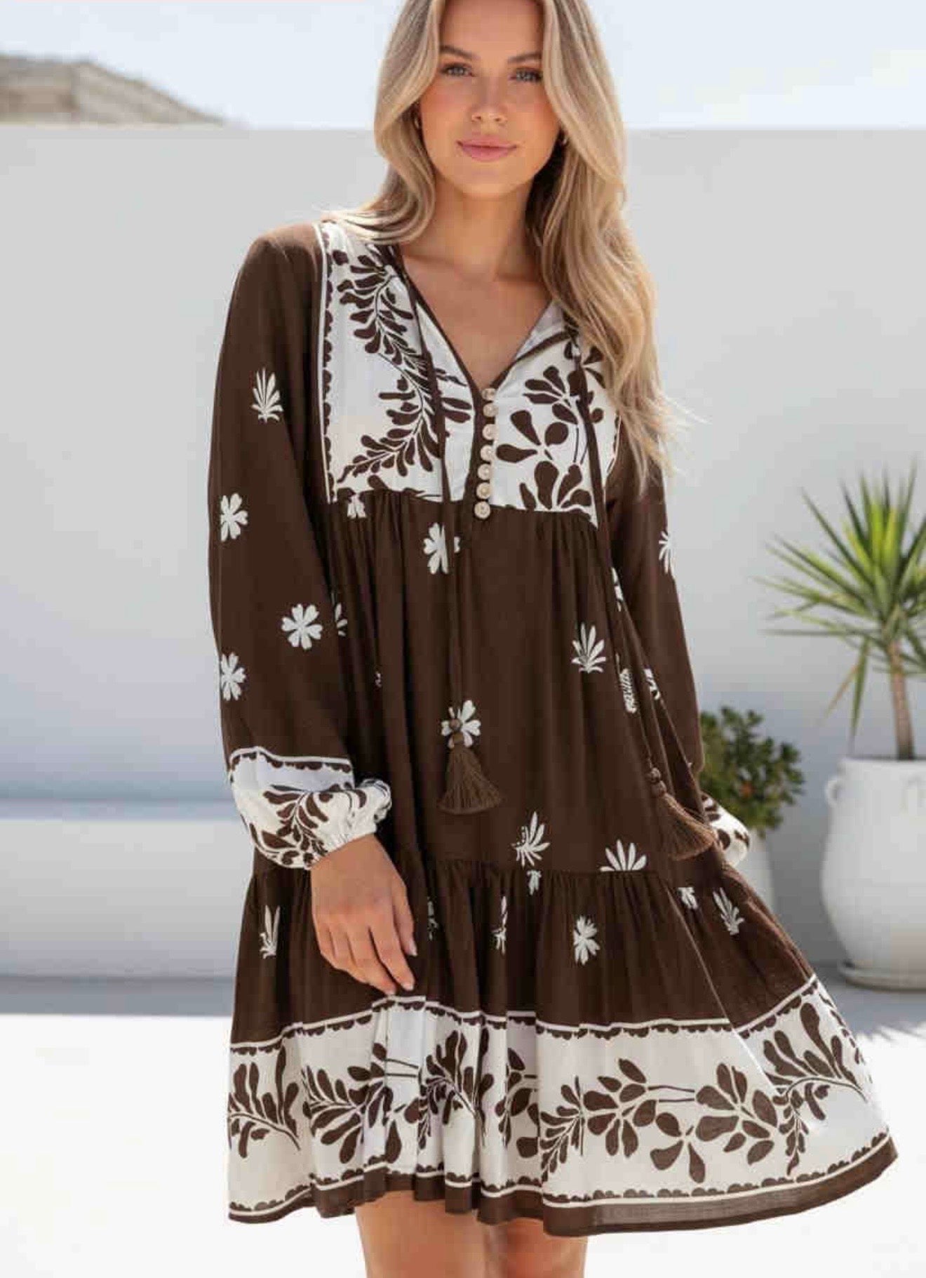 Grace Long Sleeve Mini Dress - Boho Brown