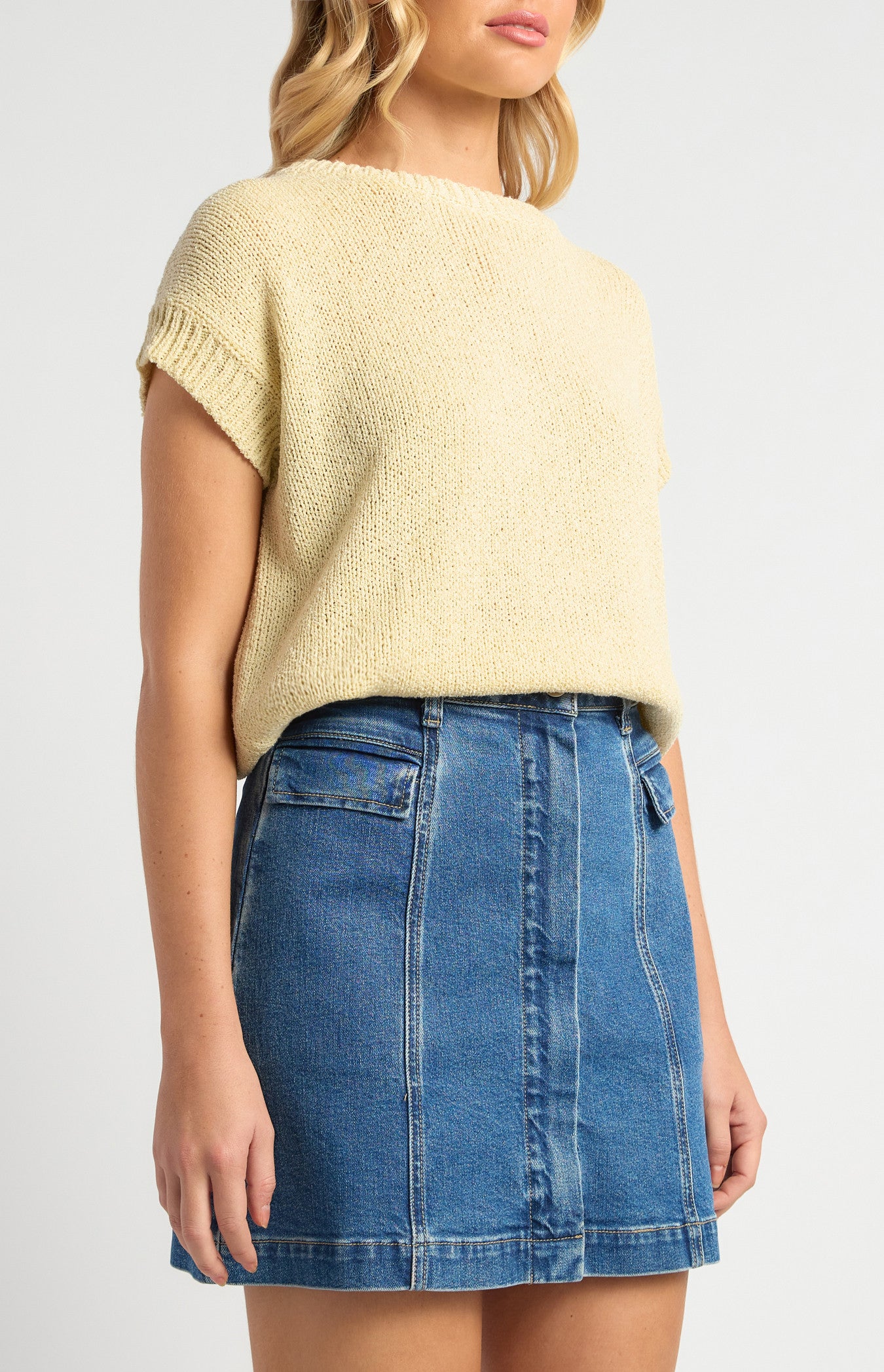Crochet Cap Sleeves Relaxed Knit Top - Butter