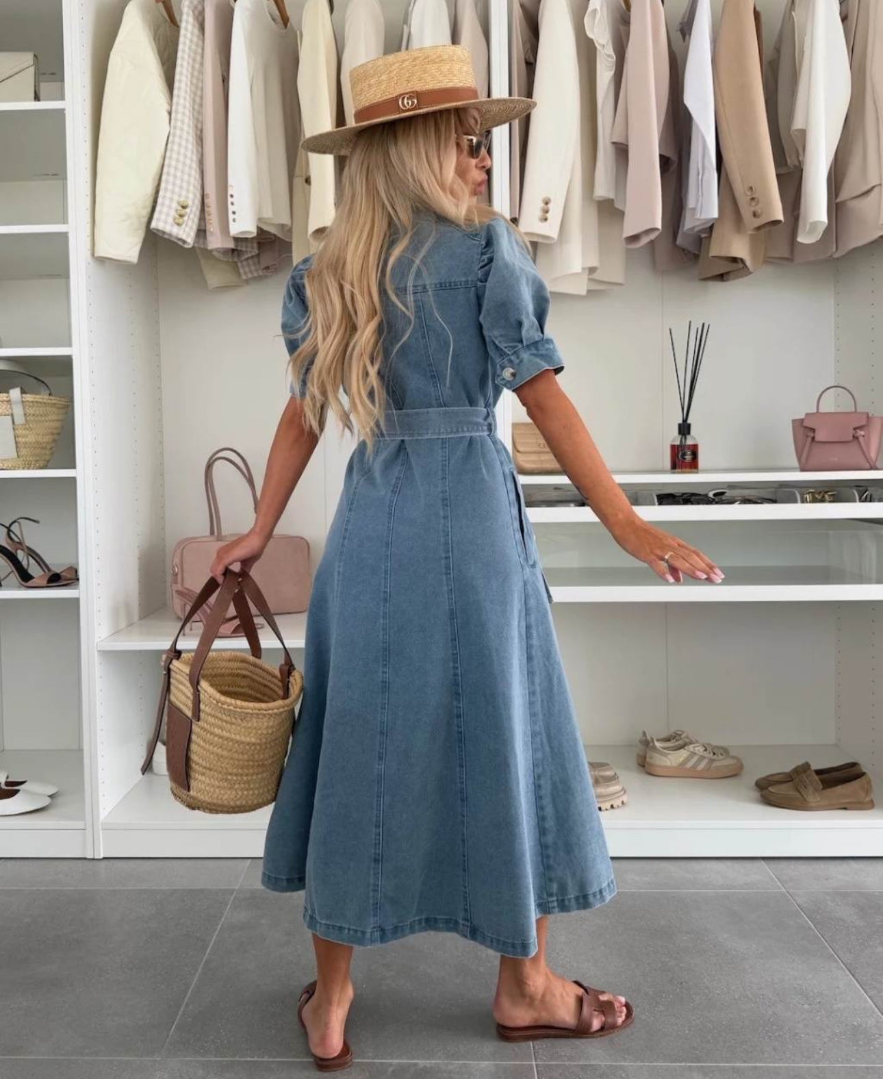 Maci Collared Button Up Midi Denim Dress - Blue