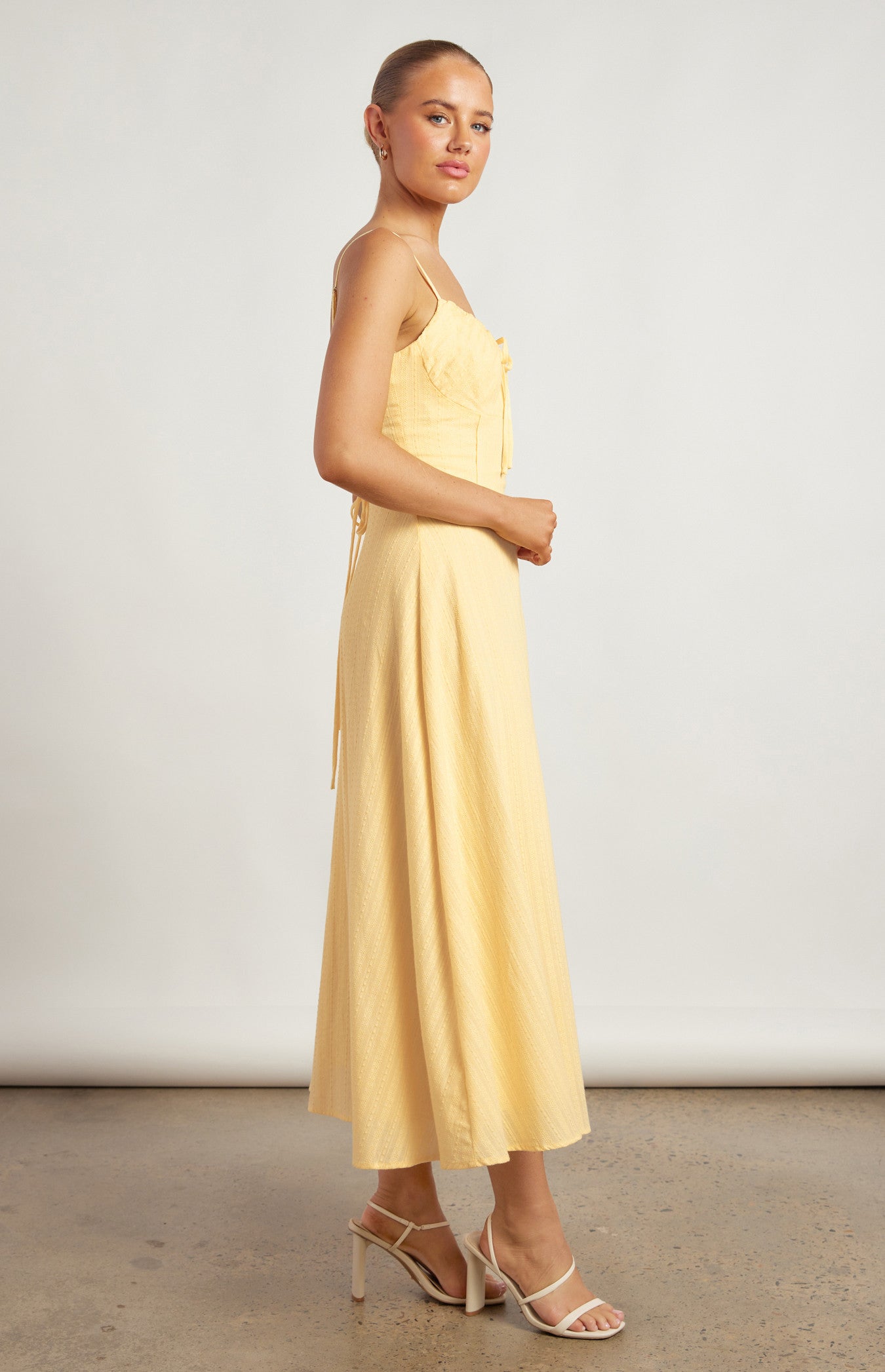 Khaya Lace Up Back Detail Embroidered Cotton Maxi Dress - Lemon