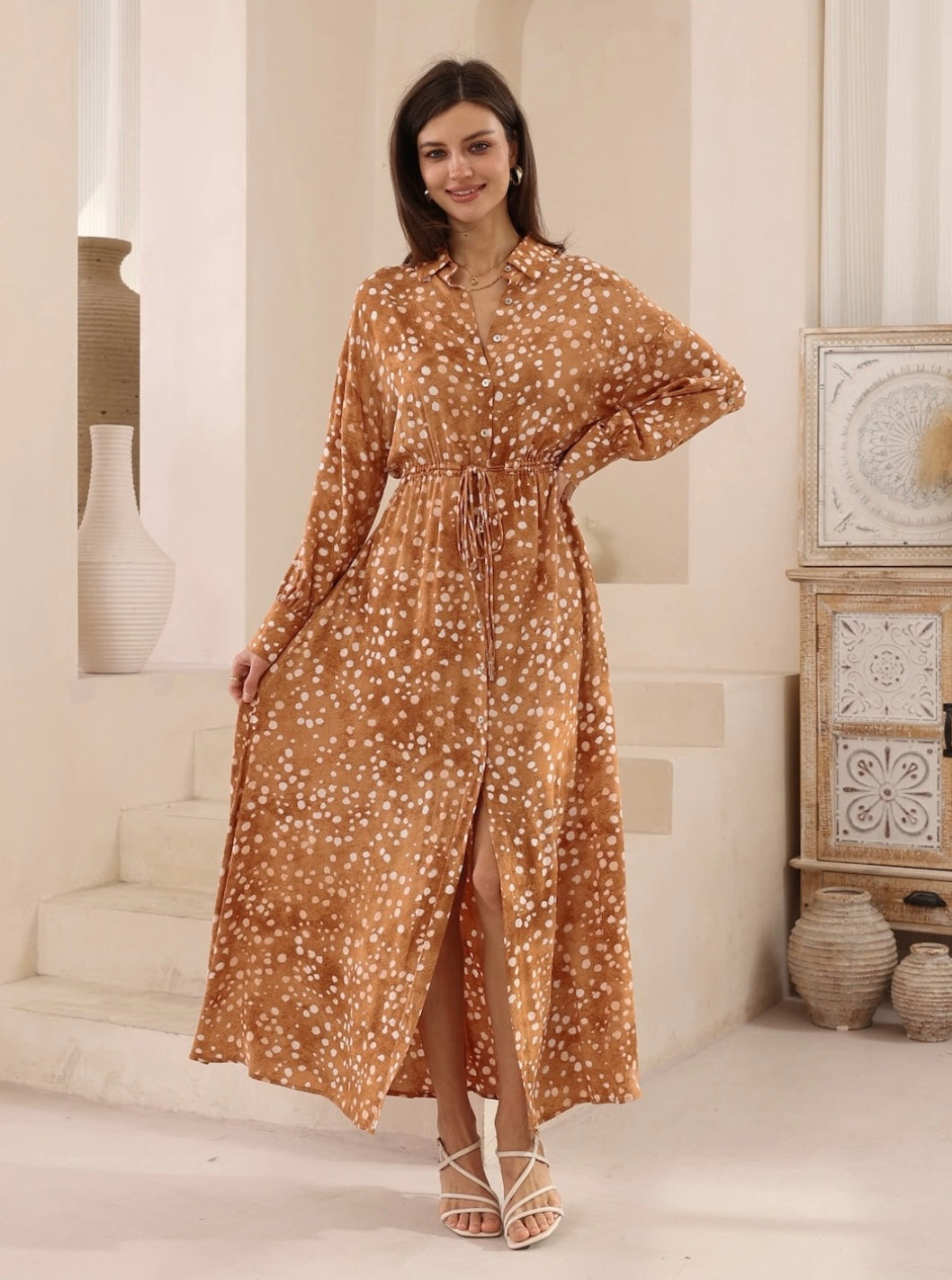 Isla Long Sleeve Button Up Maxi Dress - Brown Leopard