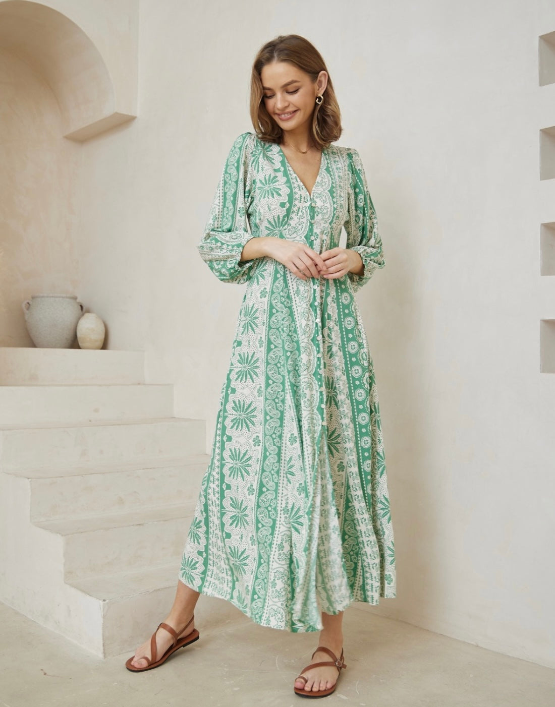 Denise Boho Button Up Maxi Dress - Green