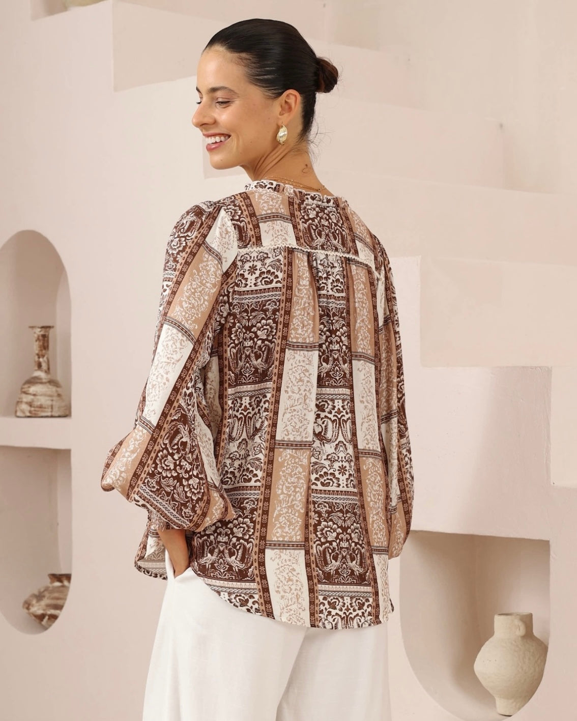 Emma Button Up Long Sleeve Shirt Top - Brown Paisley