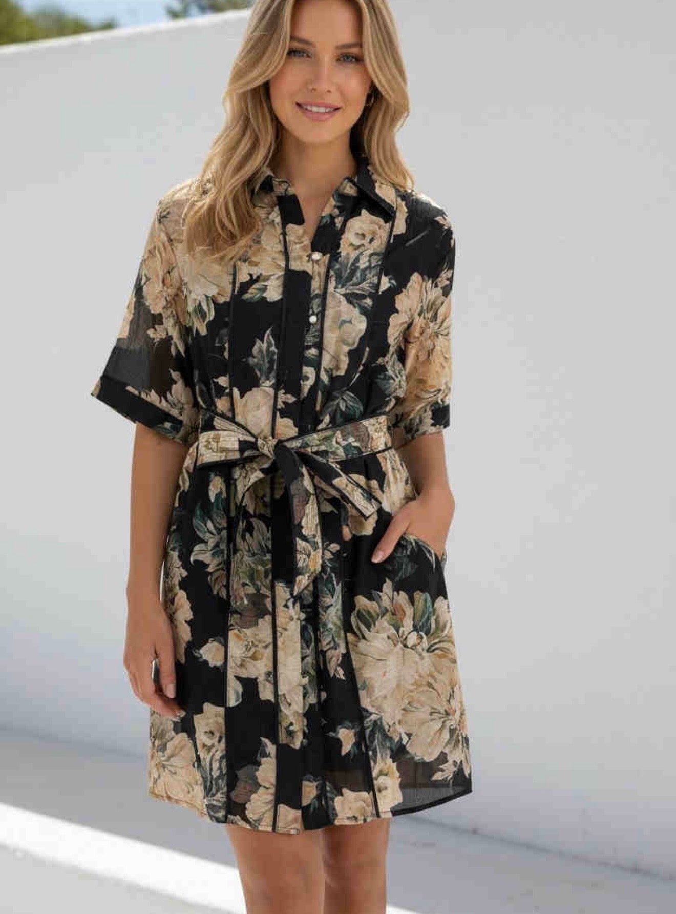 Indy Button Up Belted Shirt Mini Dress - Black Floral
