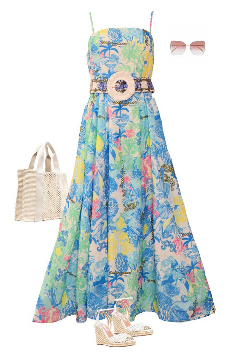 Chateau Spritz Belted Midi Dress - Blue LÂ DOLCE VITA