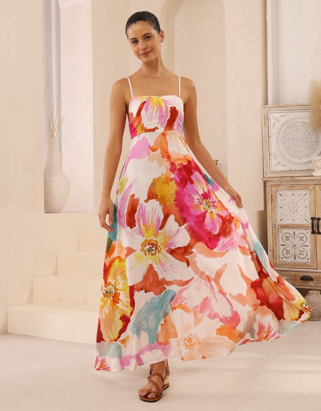Tia Spaghetti Strap Maxi Dress - Pink Floral