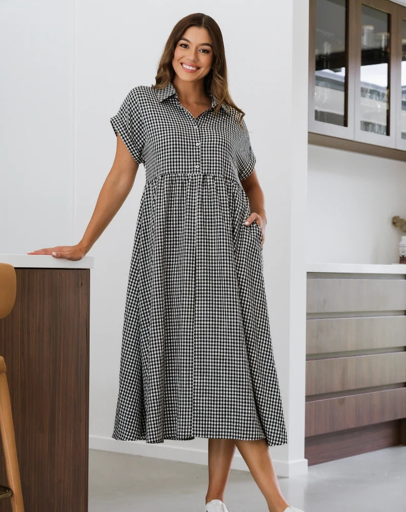 Elsie Button Up Bust Maxi Dress - Black White Gingham