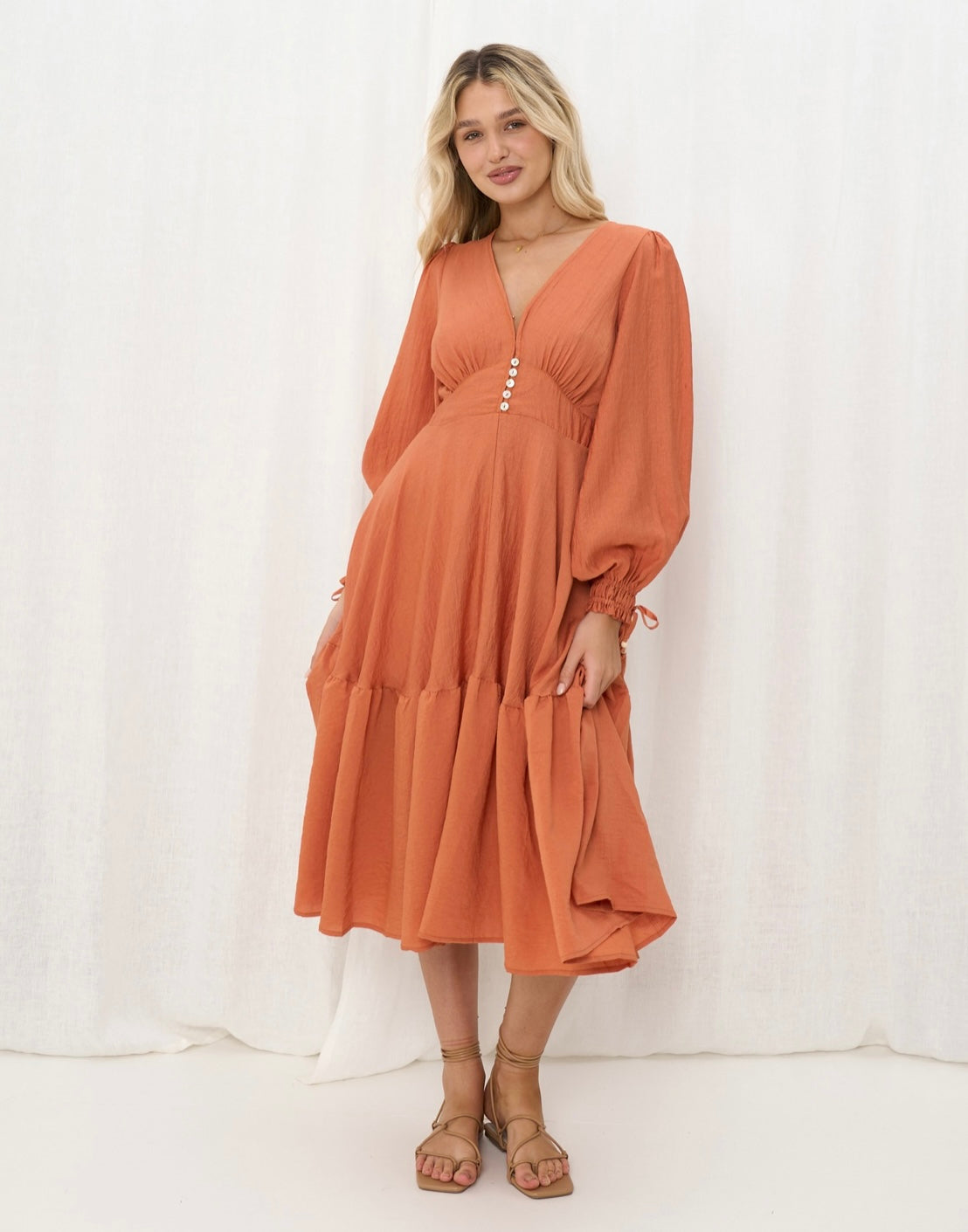 Kiani Long Sleeve V-Neck Midi Dress - Orange