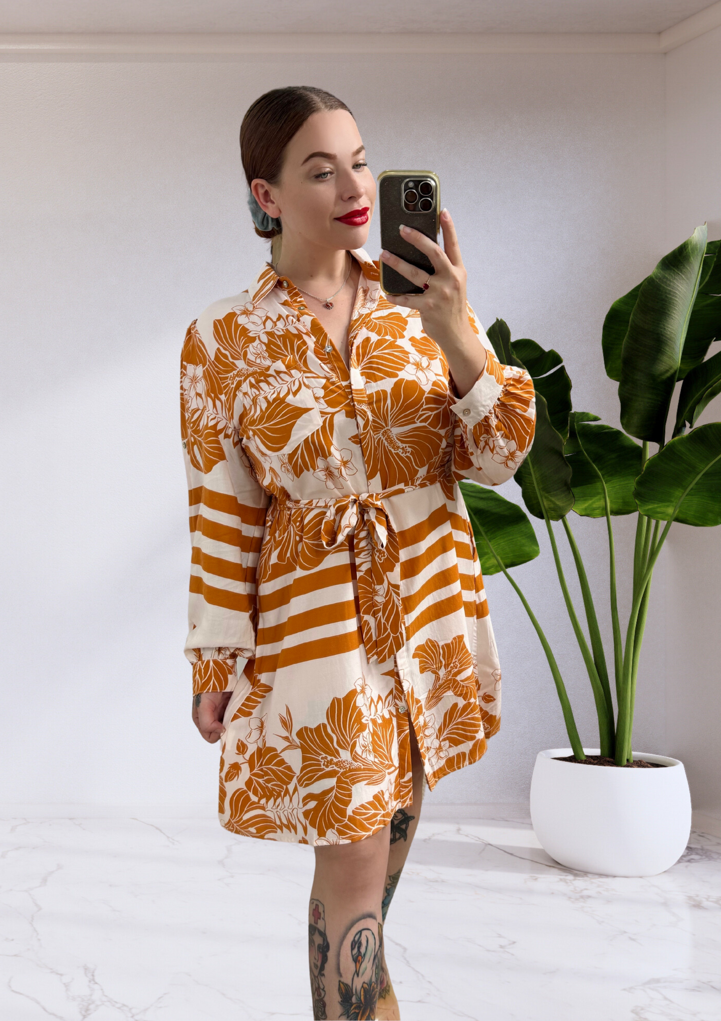 Indy Button Up Shirt Mini Dress - Pink Brown Stripe