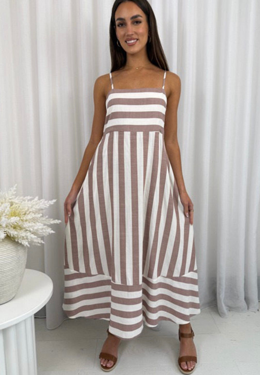 Tia Spaghetti Strap Maxi Dress - Brown Stripe