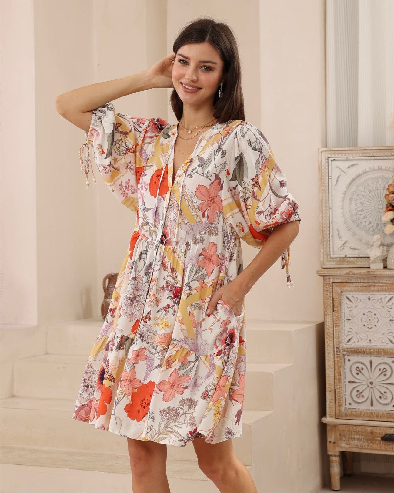 Poppy Short Sleeve Button Up Mini Dress - Floral Chain