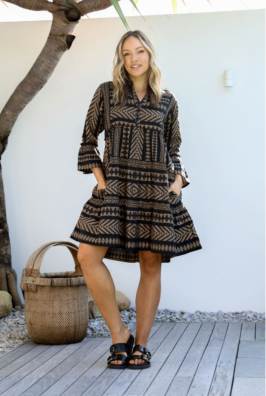 Kelly Mediterranean Embroidered Dress - Black Beige | Joop & Gypsy