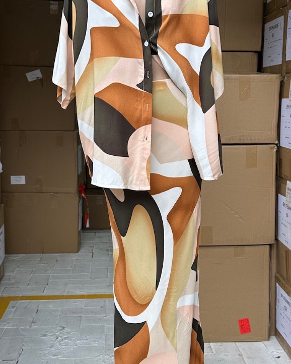 Renee By Frankie Shirt & Maxi Skirt Set - Brown Abstract