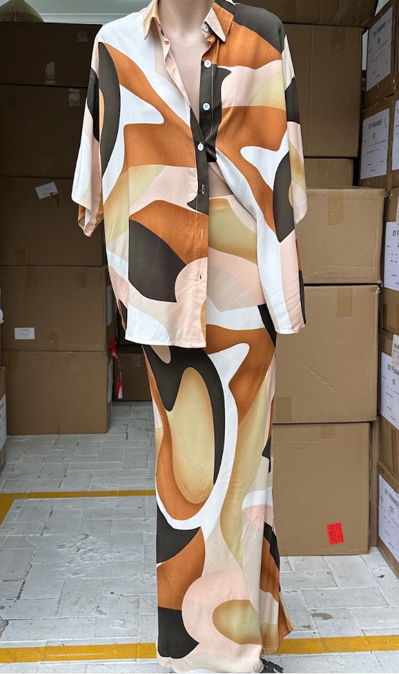 Renee By Frankie Shirt & Maxi Skirt Set - Brown Abstract