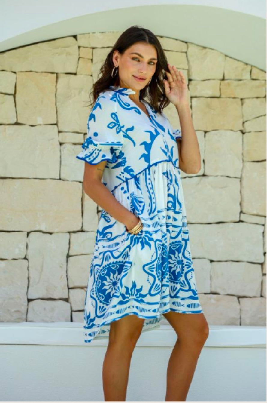 Kira Piping Trim Button Up Short Dress - Blue White