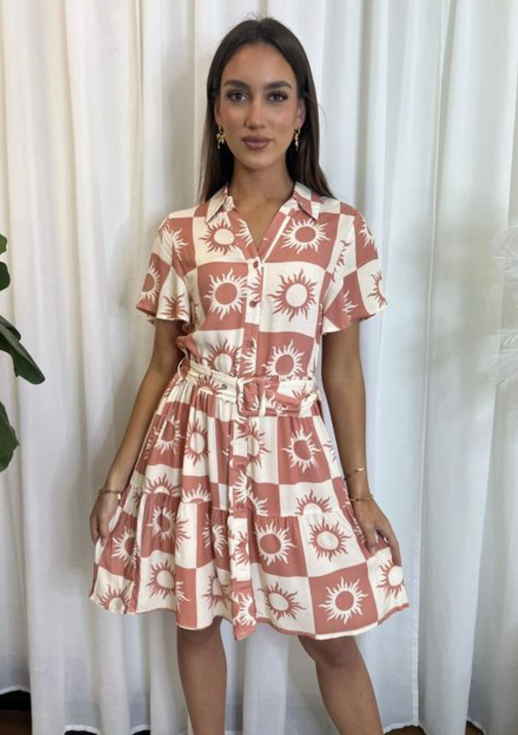 Kerry Button Up Belted Mini Dress - Sun