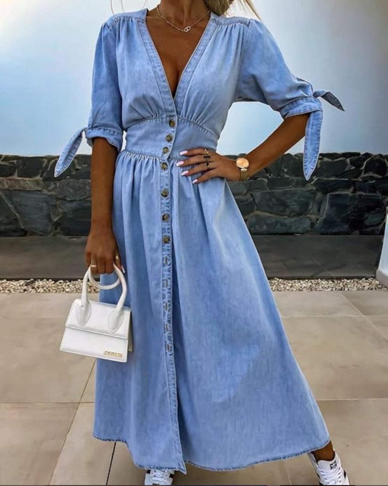 Alley V-Neck Button Front Midi Denim Dress - Blue