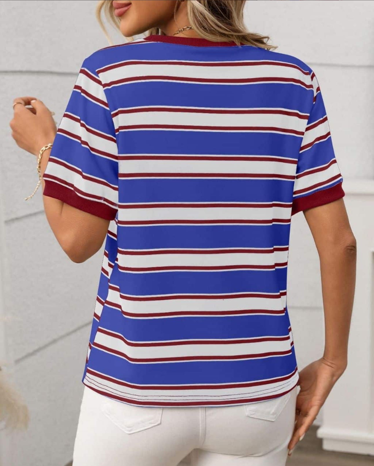 Trish Contrast Trims Stripe Tee Shirt - Blue Maroon