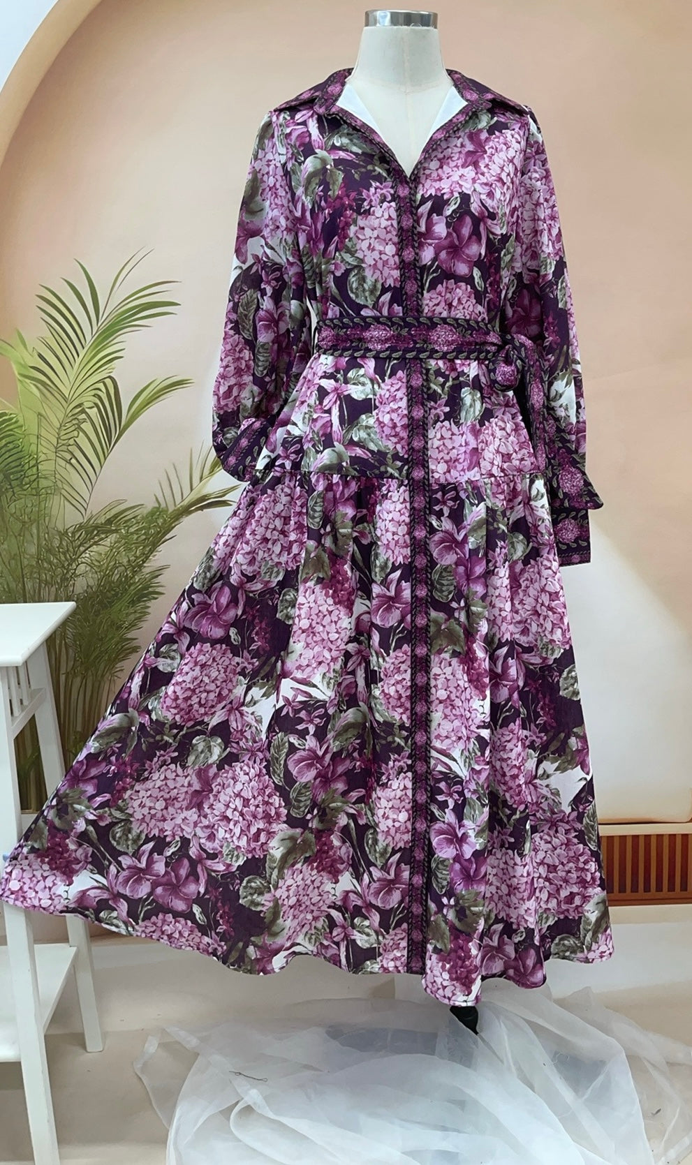 Isla Collared Button up Long Sleeve Midi Dress - Purple Floral