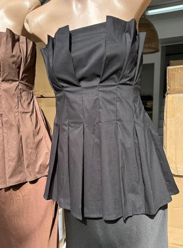 Cotton Pleated Tube Top & Satin Skirt Set - Black