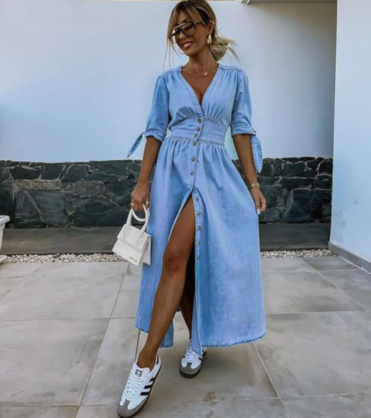 Alley V-Neck Button Front Midi Denim Dress - Blue