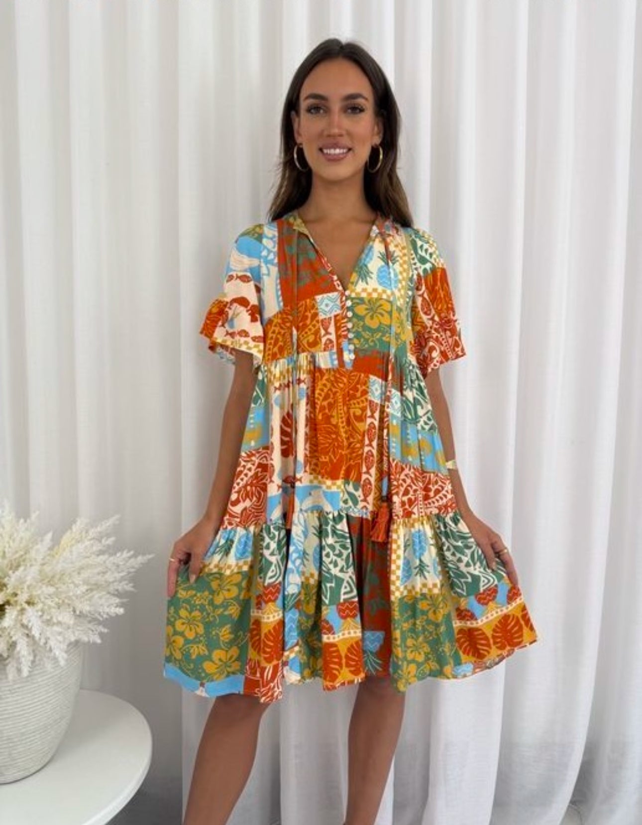 Grace Short Sleeve Button Up Short Dress - Orange Multi