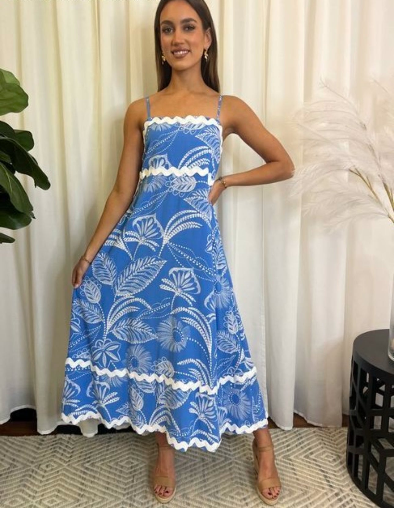 Eden Sleeveless RIC RAC Midi Dress - Blue Leaf