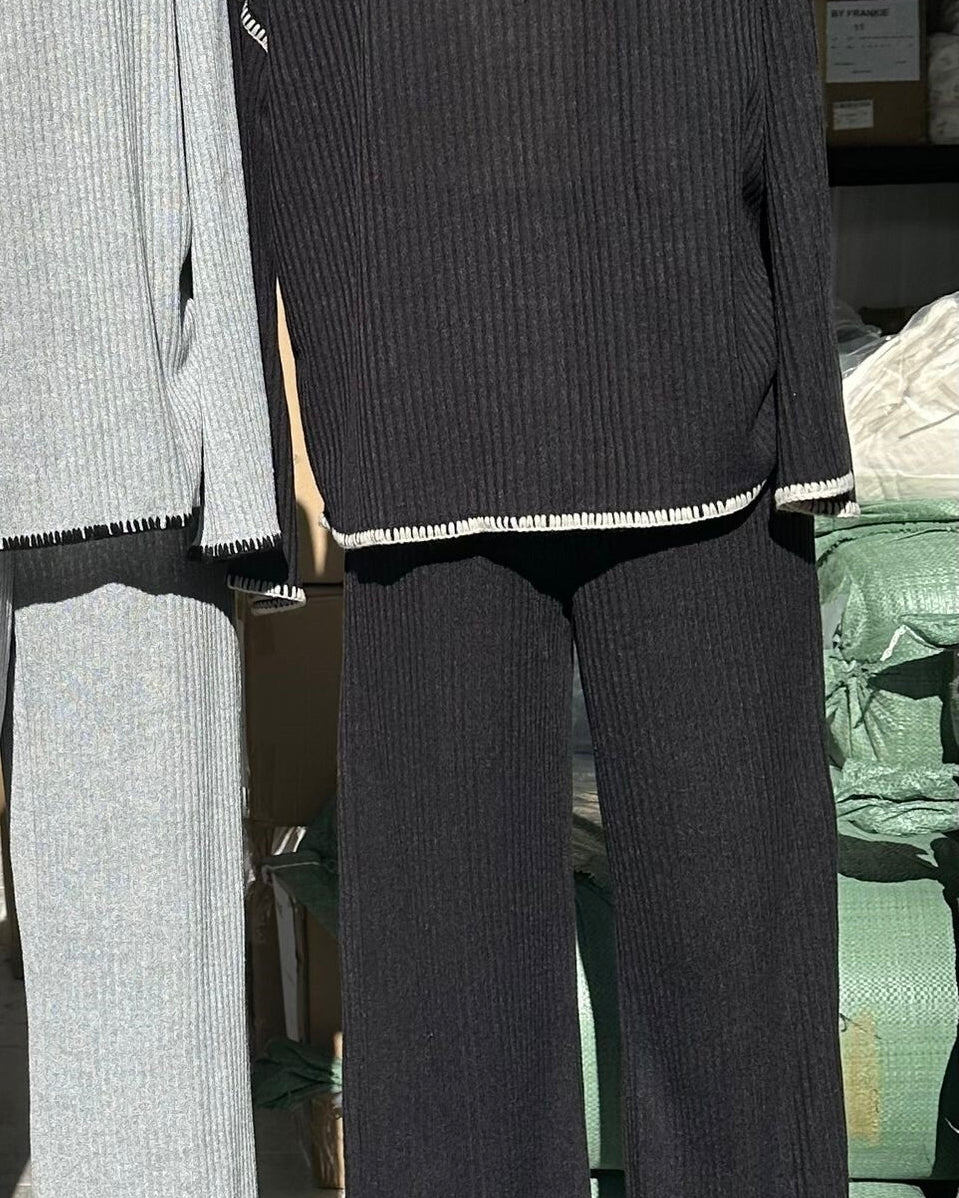 Kai By Frankie Rib Knit Long Sleeve & Pants Set - Black