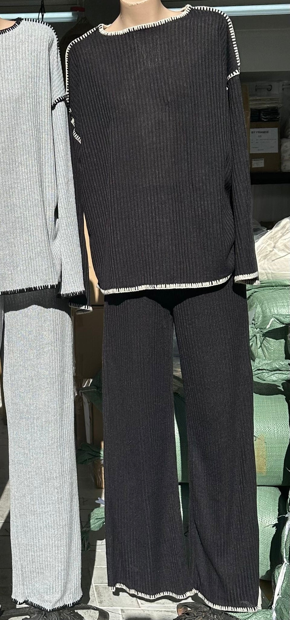 Kai By Frankie Rib Knit Long Sleeve & Pants Set - Black