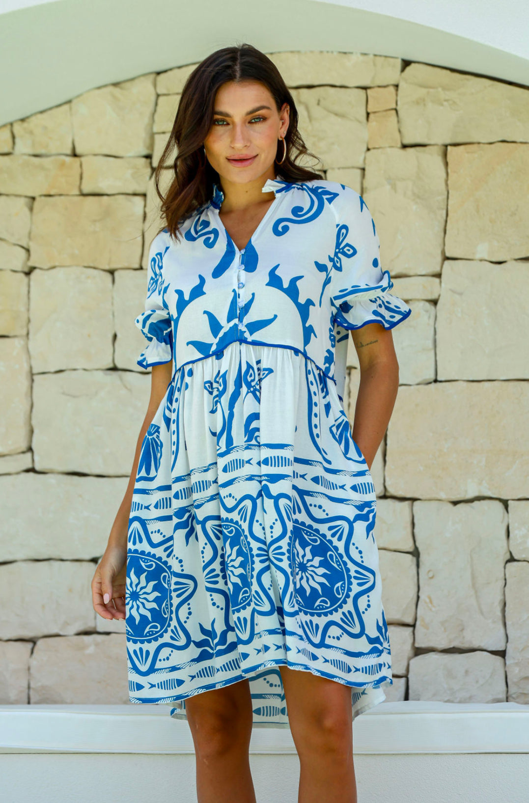 Kira Piping Trim Button Up Short Dress - Blue White
