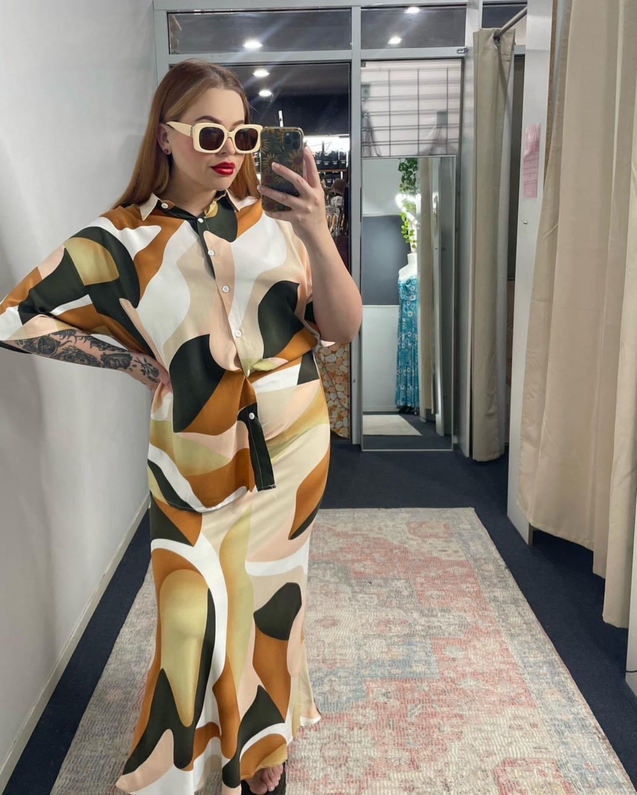 Renee By Frankie Shirt & Maxi Skirt Set - Brown Abstract