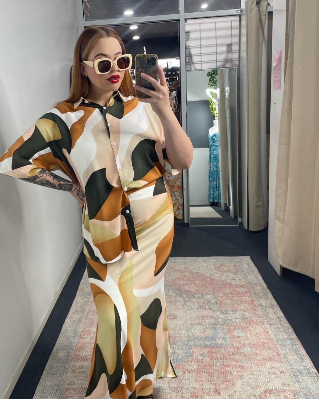 Renee By Frankie Shirt & Maxi Skirt Set - Brown Abstract