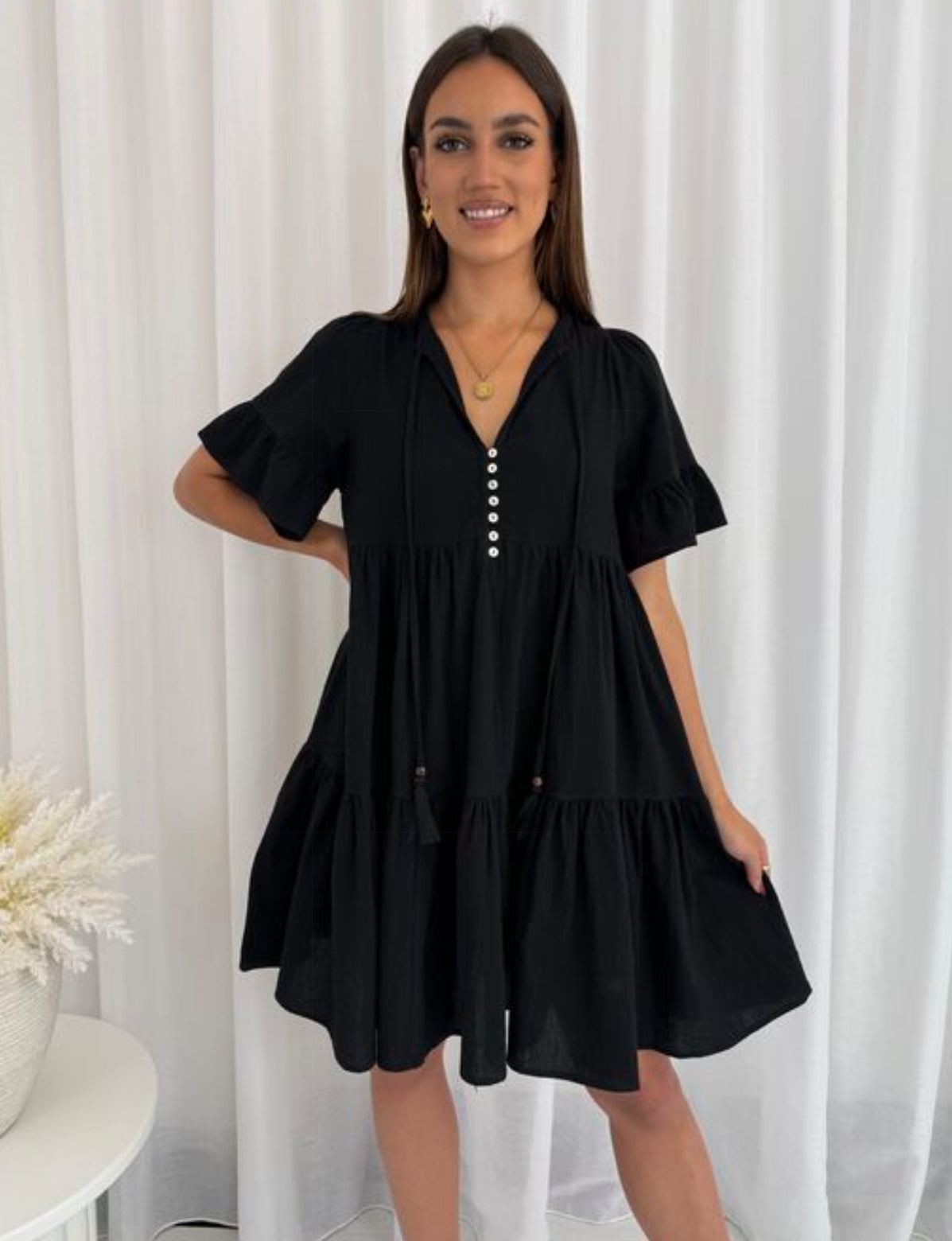 Grace Short Sleeve Button Up Short Dress - Black