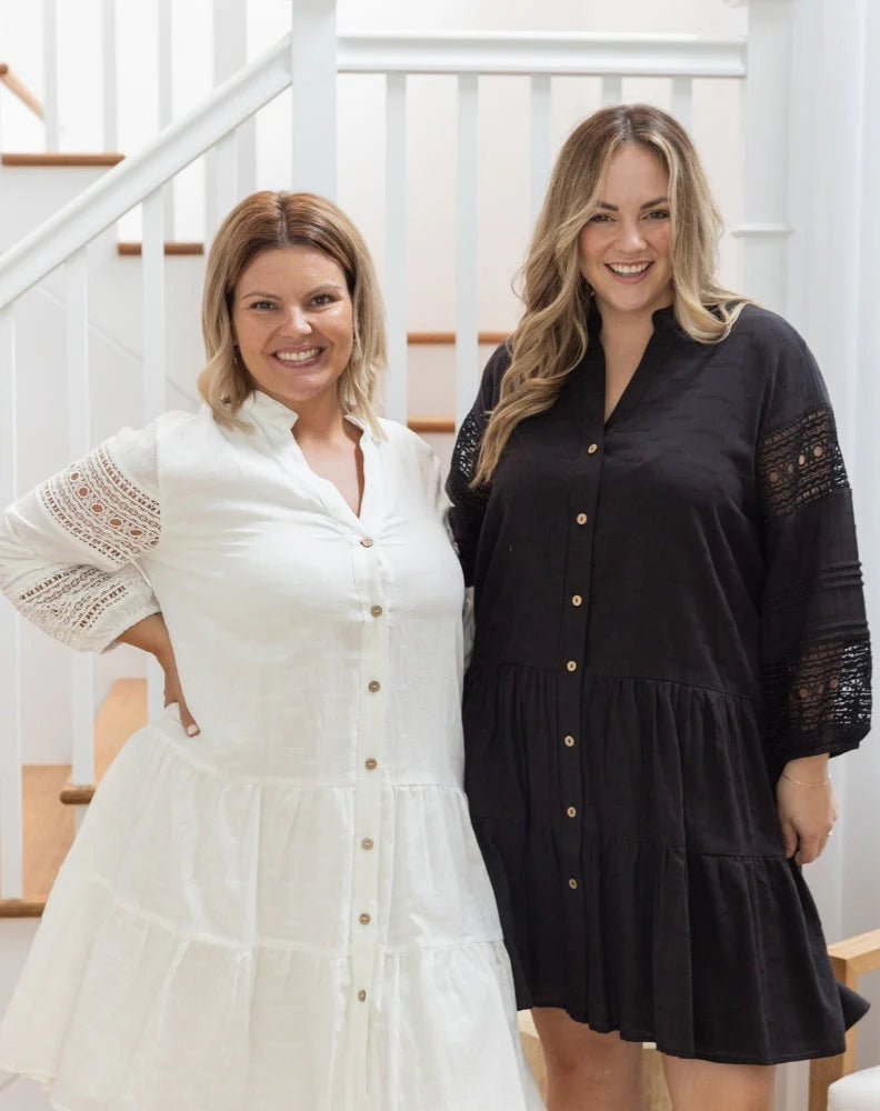 Lacey Lace Sleeve Button Up Dress - White