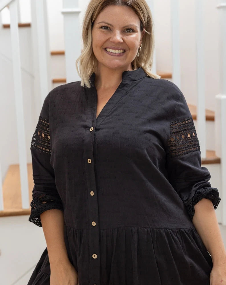 Lacey Lace Sleeve Button Up Dress - Black