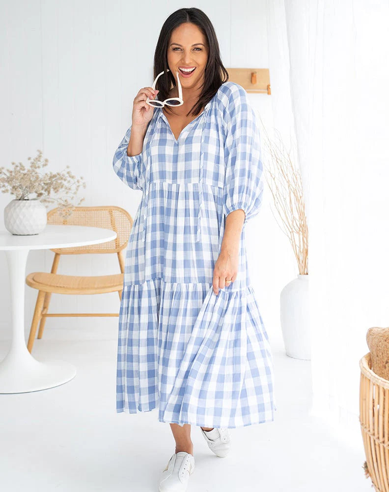Amber Midi Dress -Gingham Blue