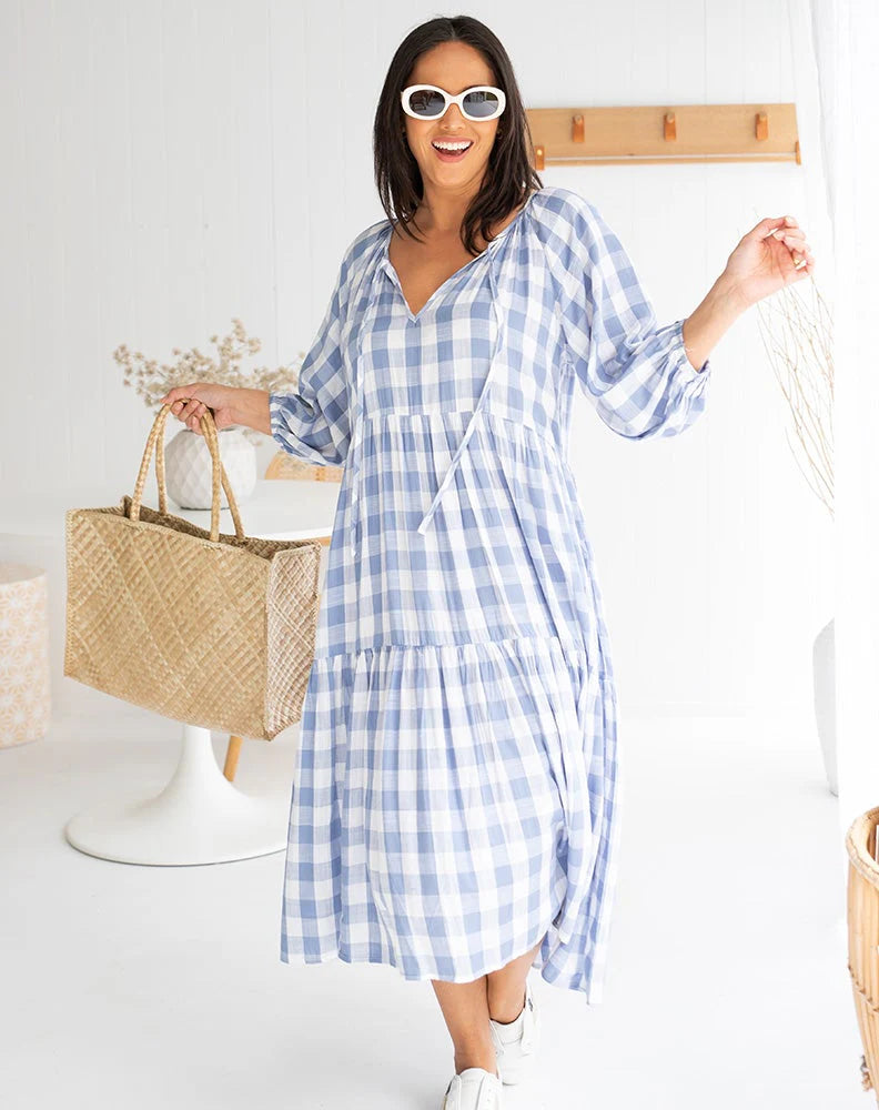 Amber Midi Dress -Gingham Blue