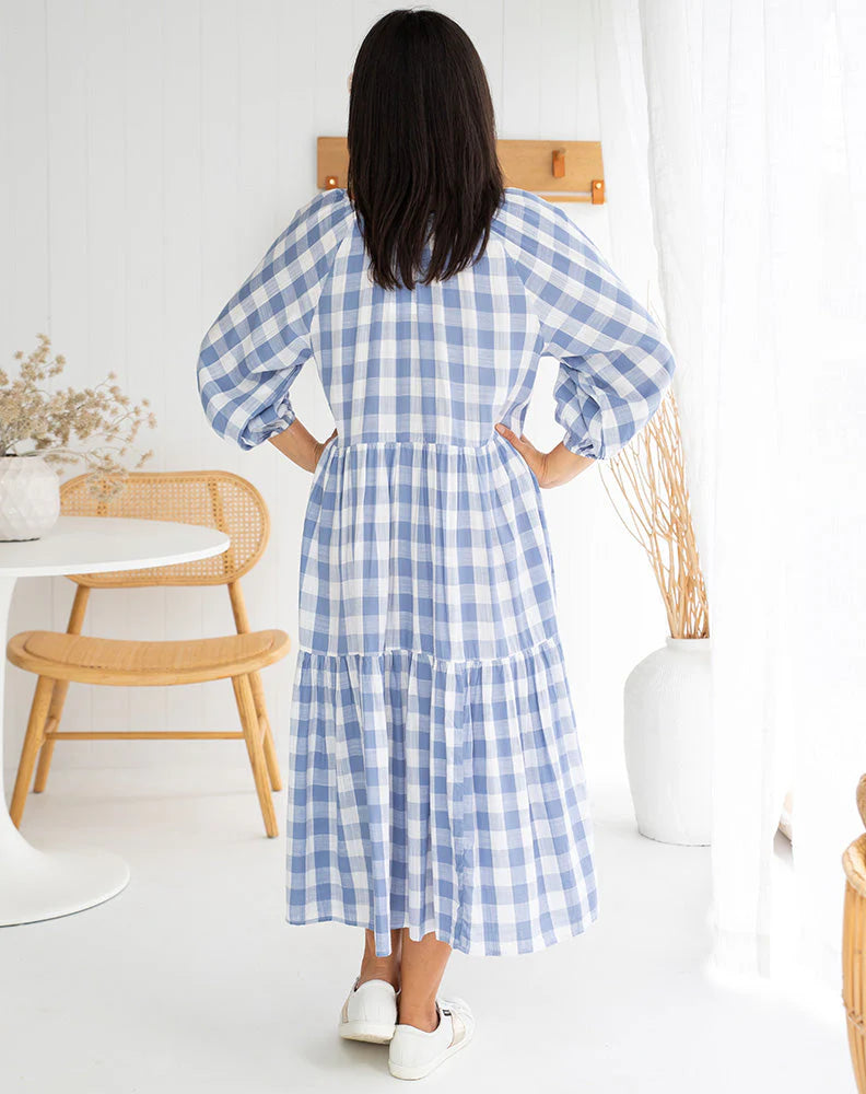 Amber Midi Dress -Gingham Blue
