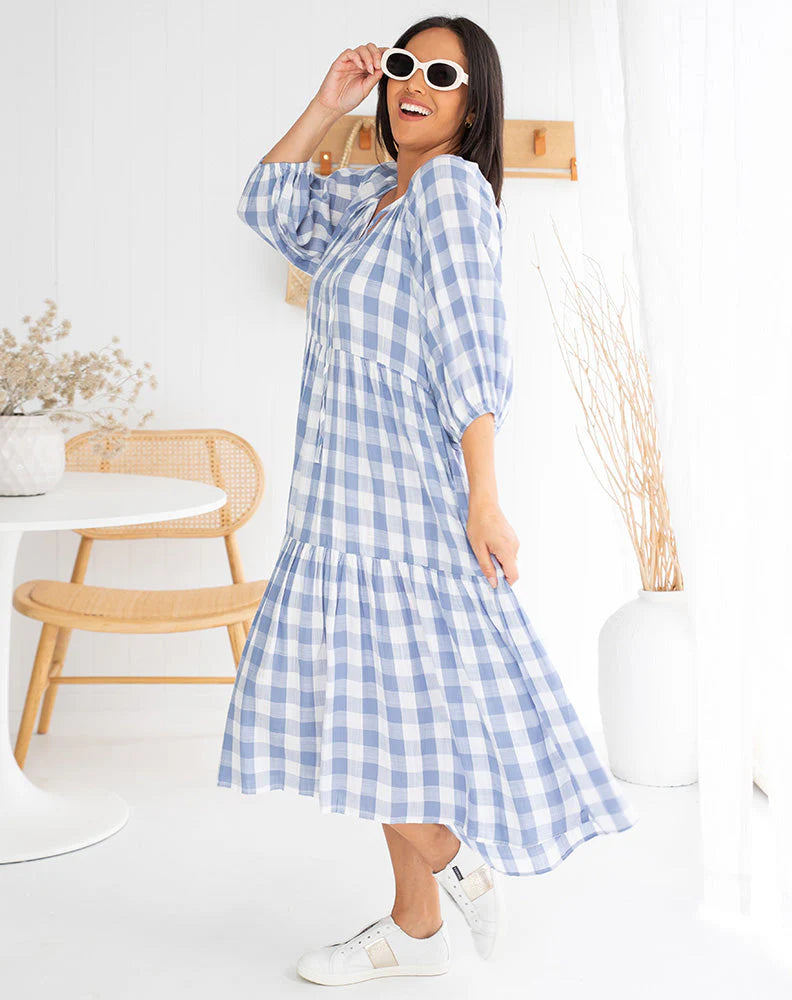 Amber Midi Dress -Gingham Blue