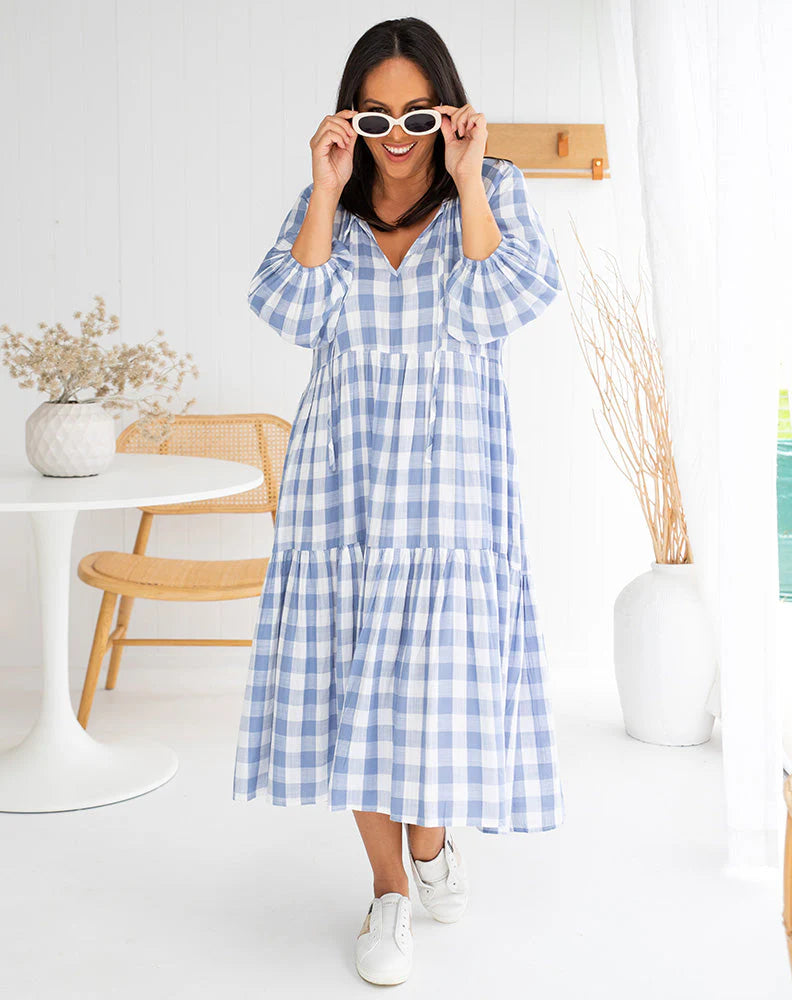 Amber Midi Dress -Gingham Blue