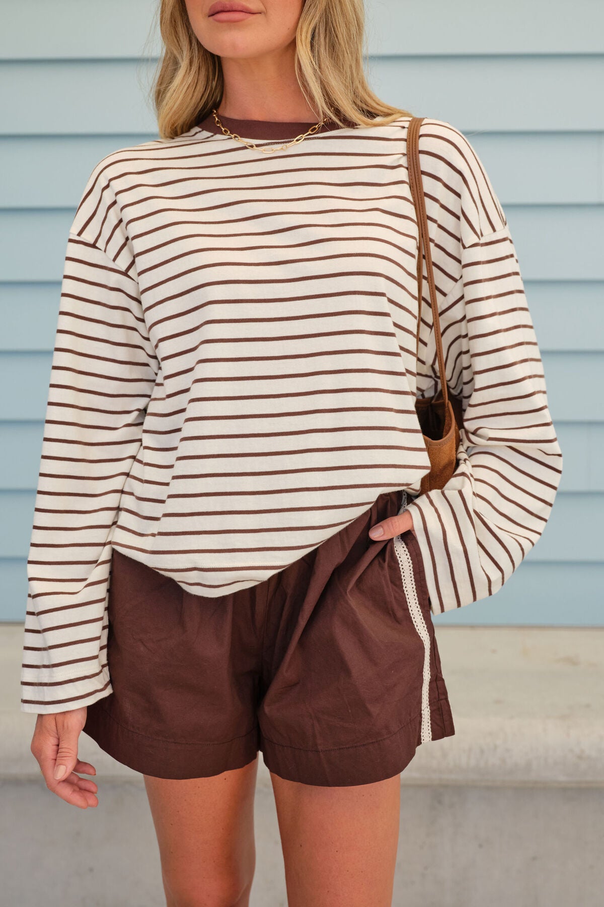 Beau Long Sleeve Slouchy Tee Shirt - Milk Brown Stripe | Ceres Life