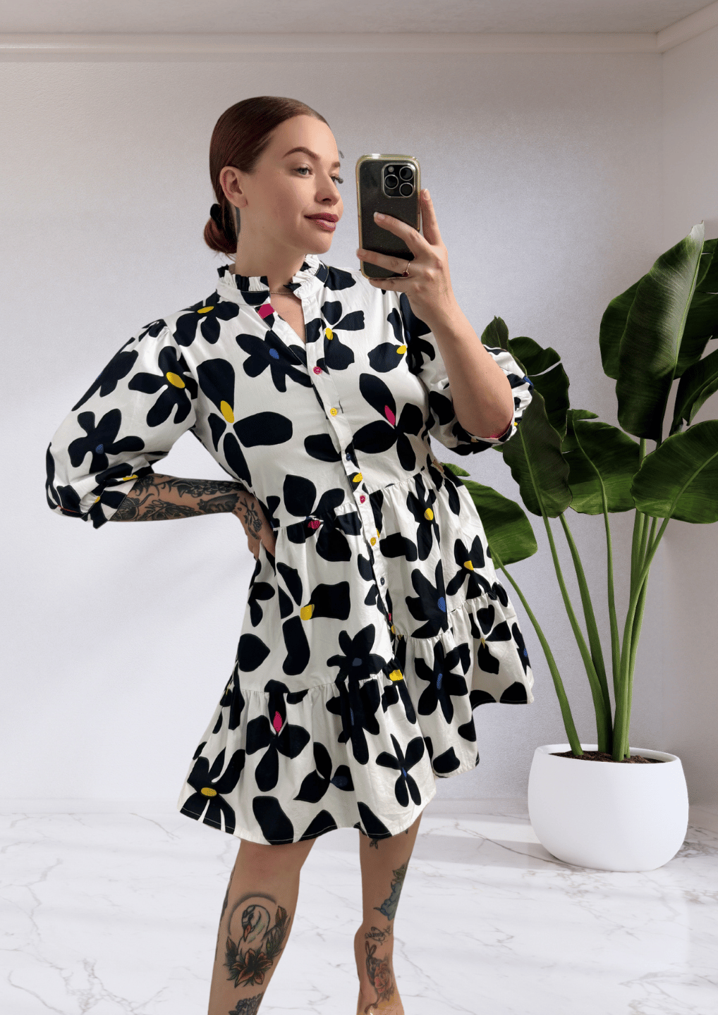 Andrea Short Sleeve Button Up Dress - Black White Floral | Joop & Gypsy