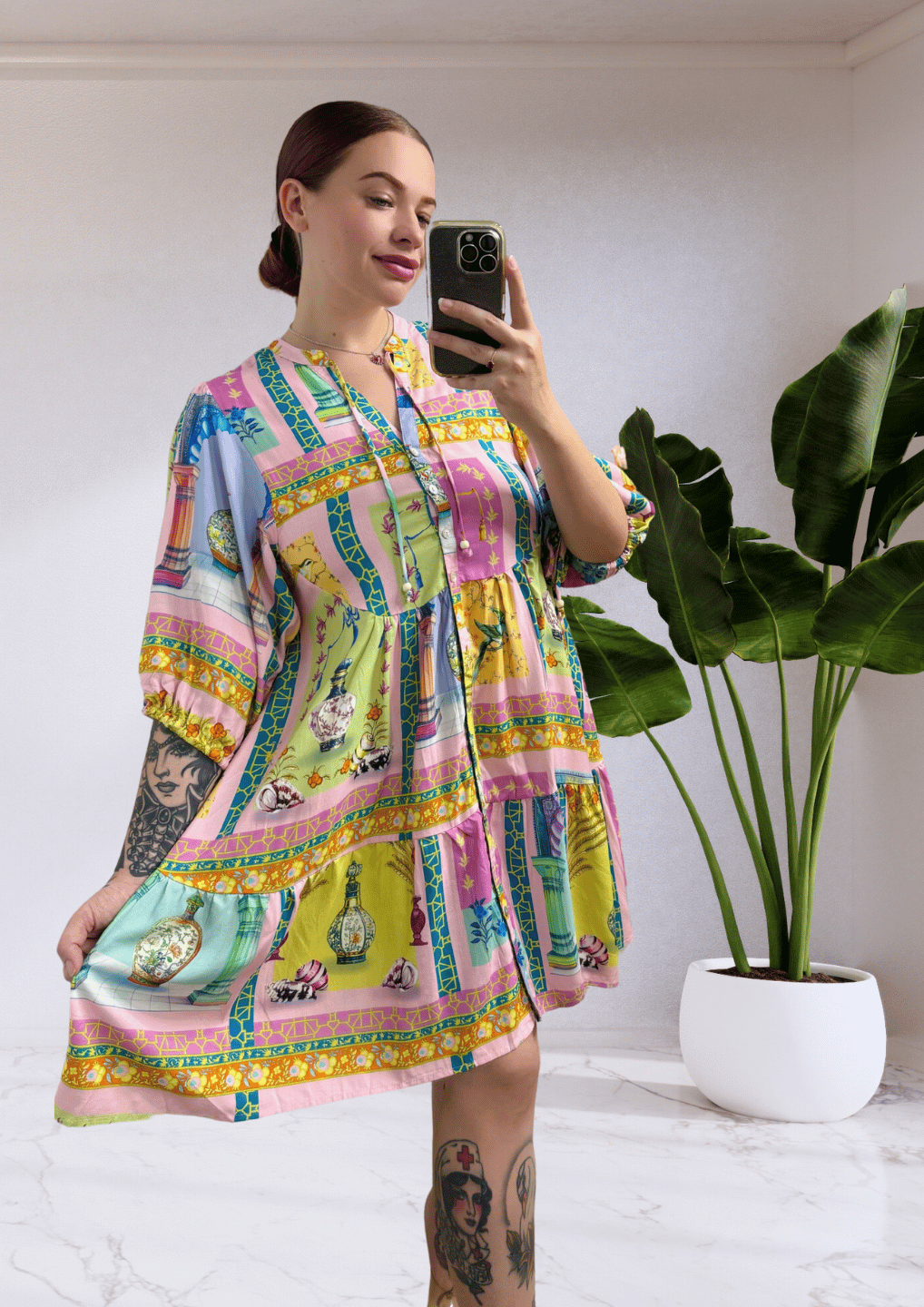 Poppy Short Sleeve Button Up Mini Dress - Purple Bird