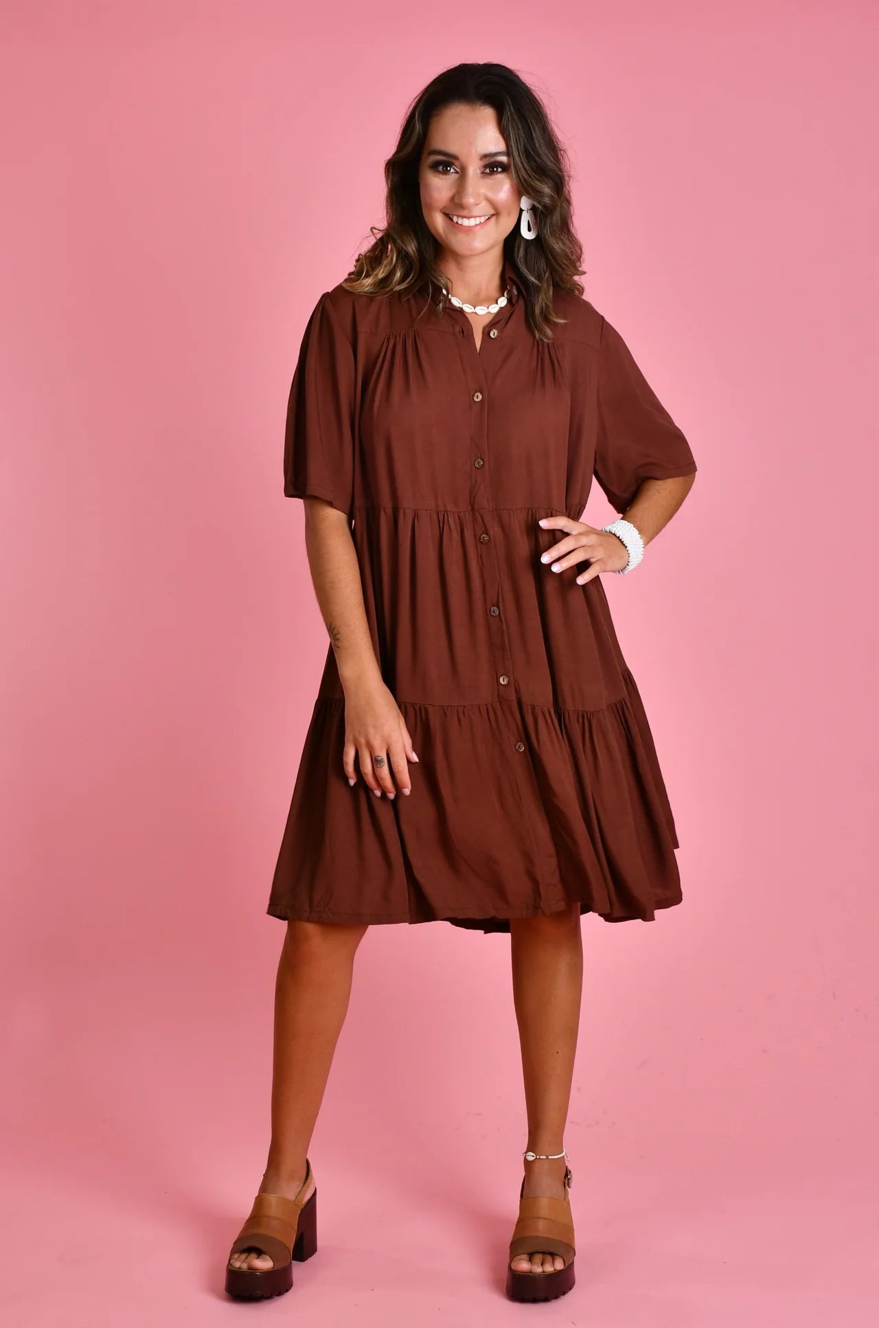 Victoria Short Sleeve Button Up Dress - Chocolate