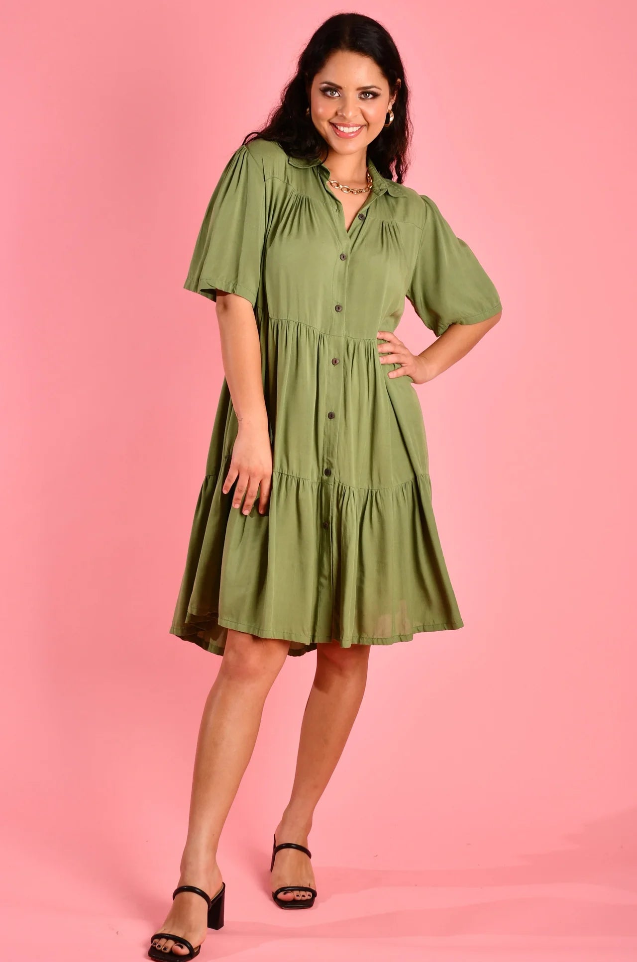 Victoria Short Sleeve Button Up Dress - Green