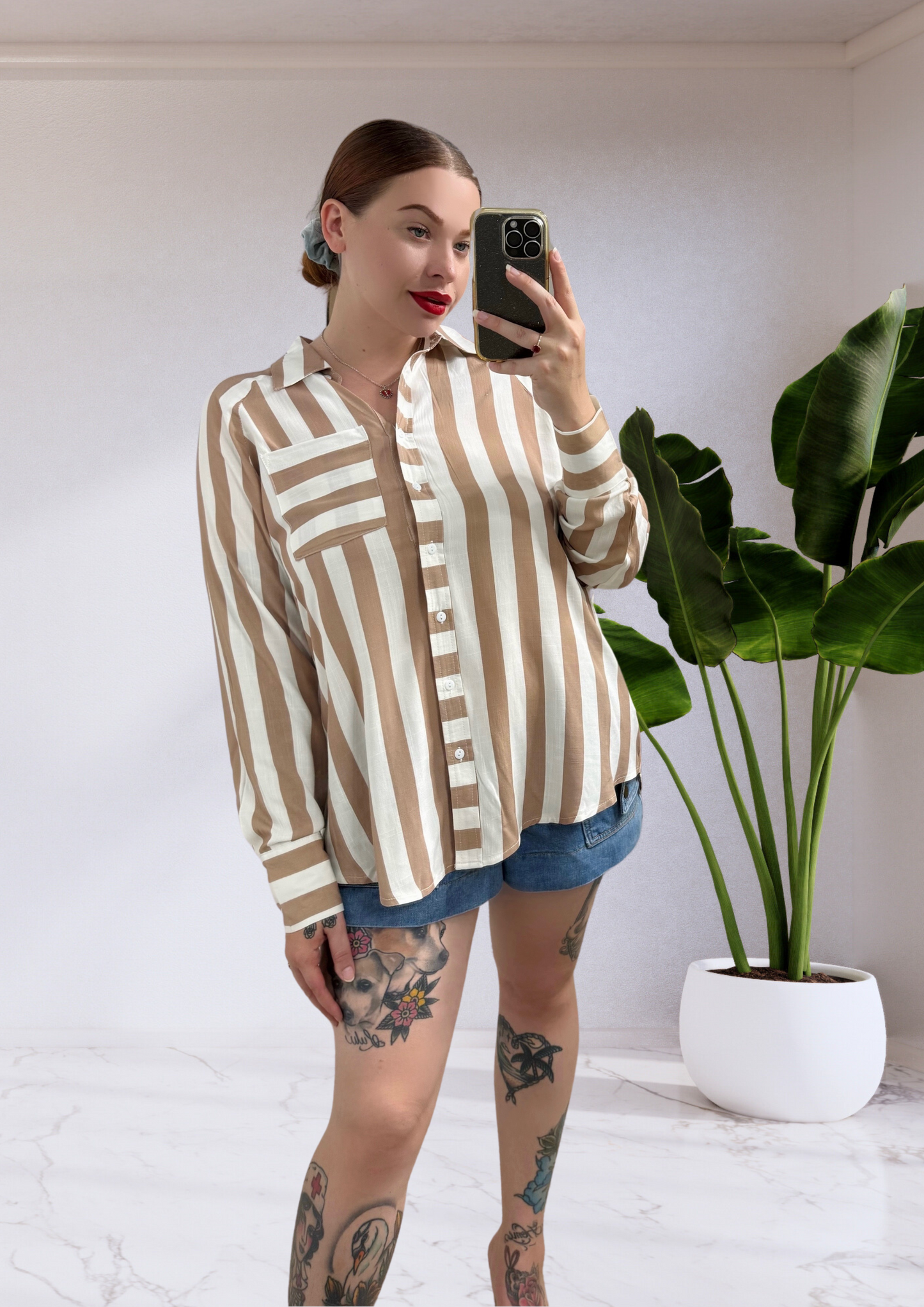 August Button Up Long Sleeve Shirt - Brown White Stripe