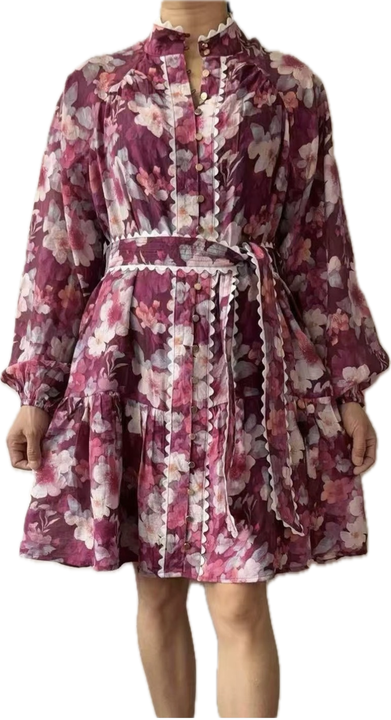 Jordana Button Up Belted Mini Dress - Purple Floral